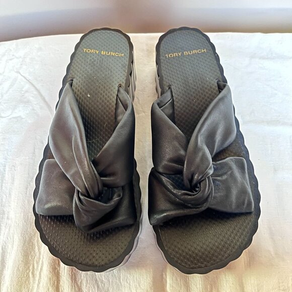 Tory Burch Sz Black Knotted Leather Scallop Platform Slides